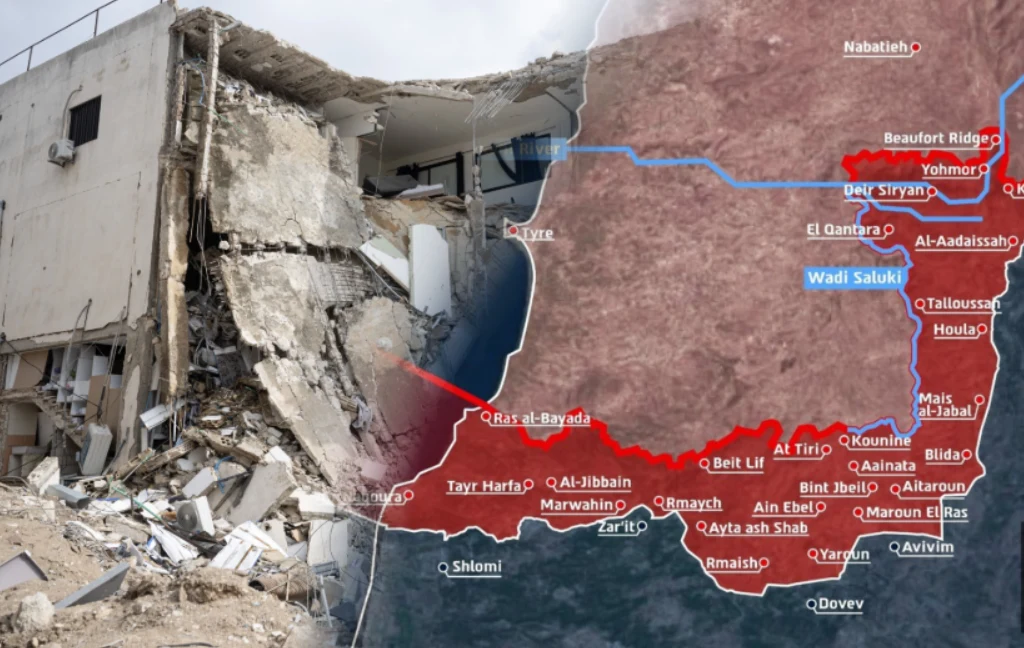 Siły zbrojne Izraela pokazały mapę terenu kontrolowanego w Libanie Mapa izraelskiego terenu w Libanie z oznaczeniami miejscowości. Obok zniszczony budynek z zawaloną ścianą.