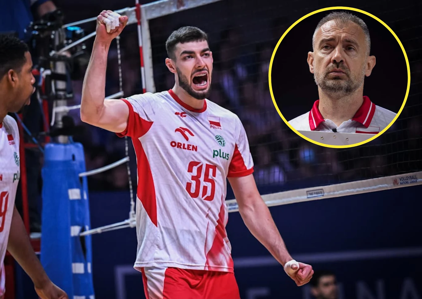Nikola Grbić w poprzednim sezonie odkrył dla kadry Kewina Sasaka. Teraz to on może być podstawowym atakującym Kewin Sasak w biało-czerwonym stroju z nr 35 zaciska pięść przy siatce, w rogu portret Nikoli Grbicia.