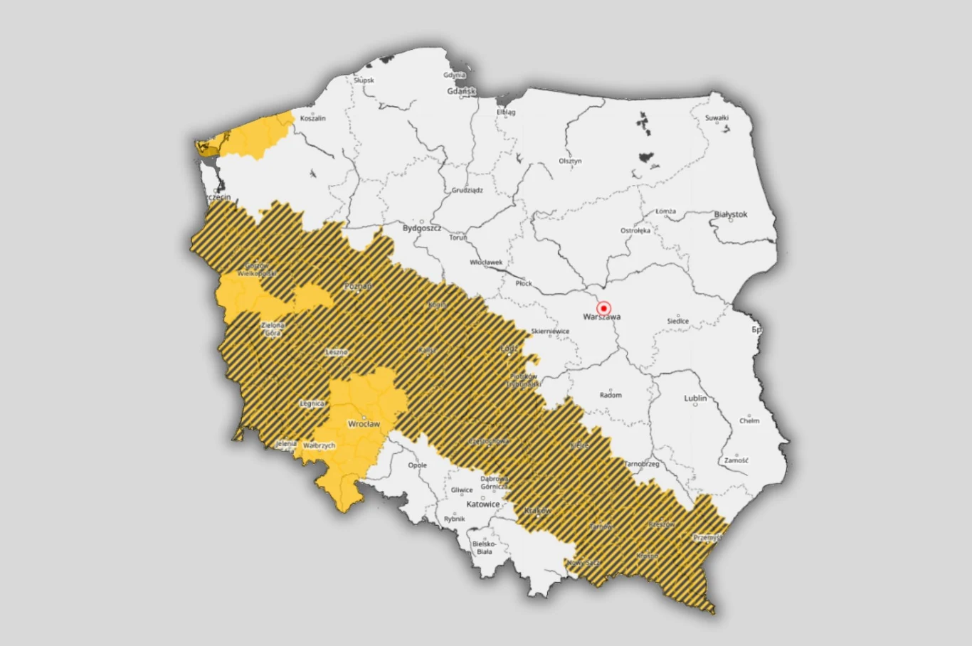 Mapa Polski z zaznaczonymi województwami w zachodniej i południowej części kraju pokrytymi żółtym kolorem i skośnym cieniowaniem, podczas gdy pozostała część kraju jest biała; na mapie widoczne granice województw i czerwony punkt wskazujący Warszawę.
