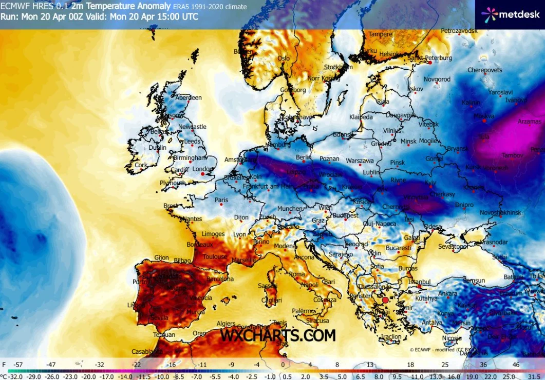 Mapa Europy z naniesionymi anomaliami temperatury pokazująca duże ocieplenie w Hiszpanii i części Francji oraz obszary znacznego ochłodzenia we wschodniej Europie, szczególnie na Ukrainie, Białorusi i w europejskiej części Rosji; znaczące różnice tempe...