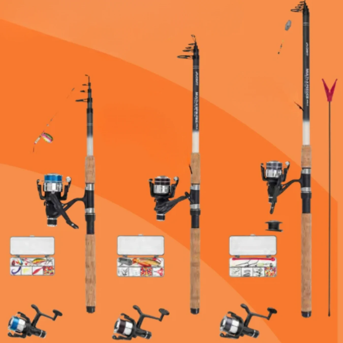 Zestaw, który kupujesz i możesz jechać nad wodę trzy rozłożone wędki teleskopowe z kołowrotkami, przy każdej z nich umieszczone akcesoria wędkarskie: pudełko z przynętami, zapasowy kołowrotek i linka, wszystko na pomarańczowym tle