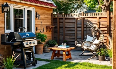 Taras ogrodowy z grillem węglowym, meblami ogrodowymi i lampkami solarnymi z gazetki Biedronki 20.04-13.05