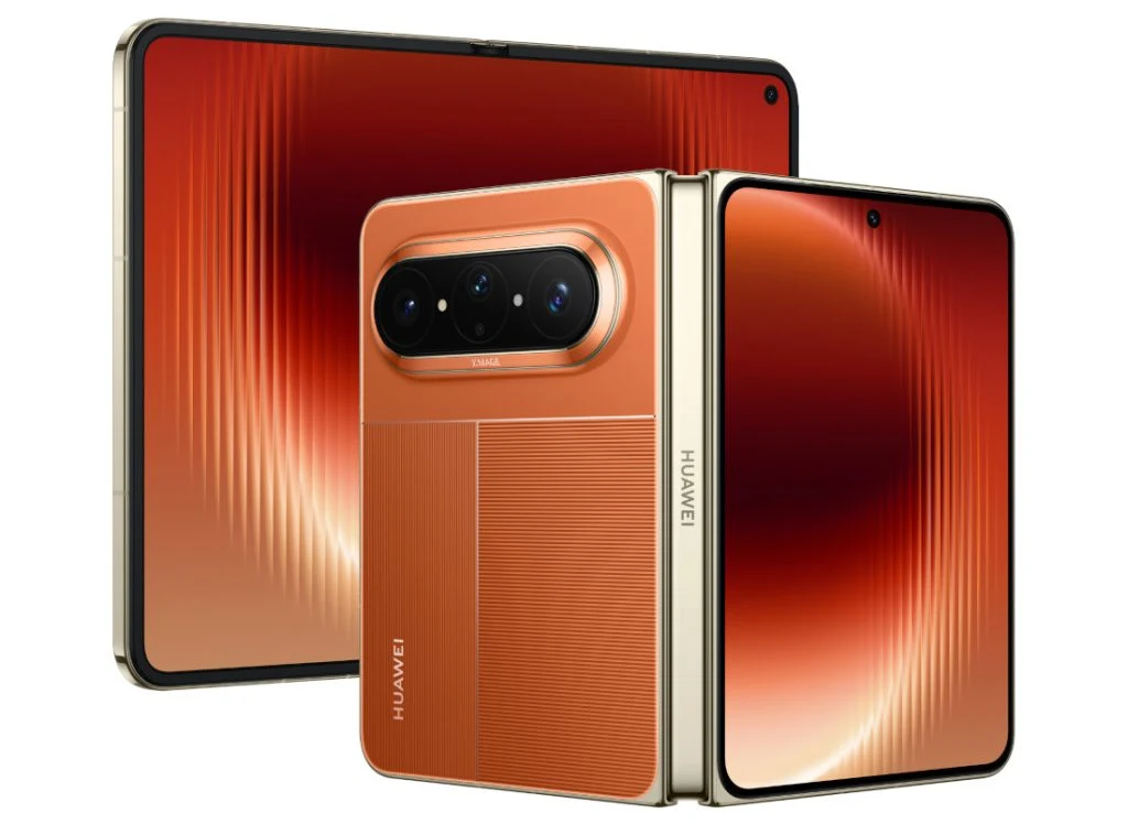 Huawei Pura X Max to składany smartfon, który po rozłożeniu przypomina tablet. składany smartfon Huawei w eleganckiej złoto-pomarańczowej obudowie, wyświetlacz rozłożony na dużej powierzchni, zewnętrzny ekran z widoczną przednią kamerą oraz zaawansowany moduł aparatów z trzema obiektywami na grzbiecie