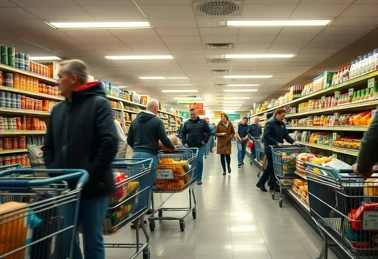 Wózki sklepowe w alejce polskiego supermarketu w niedzielę handlową
