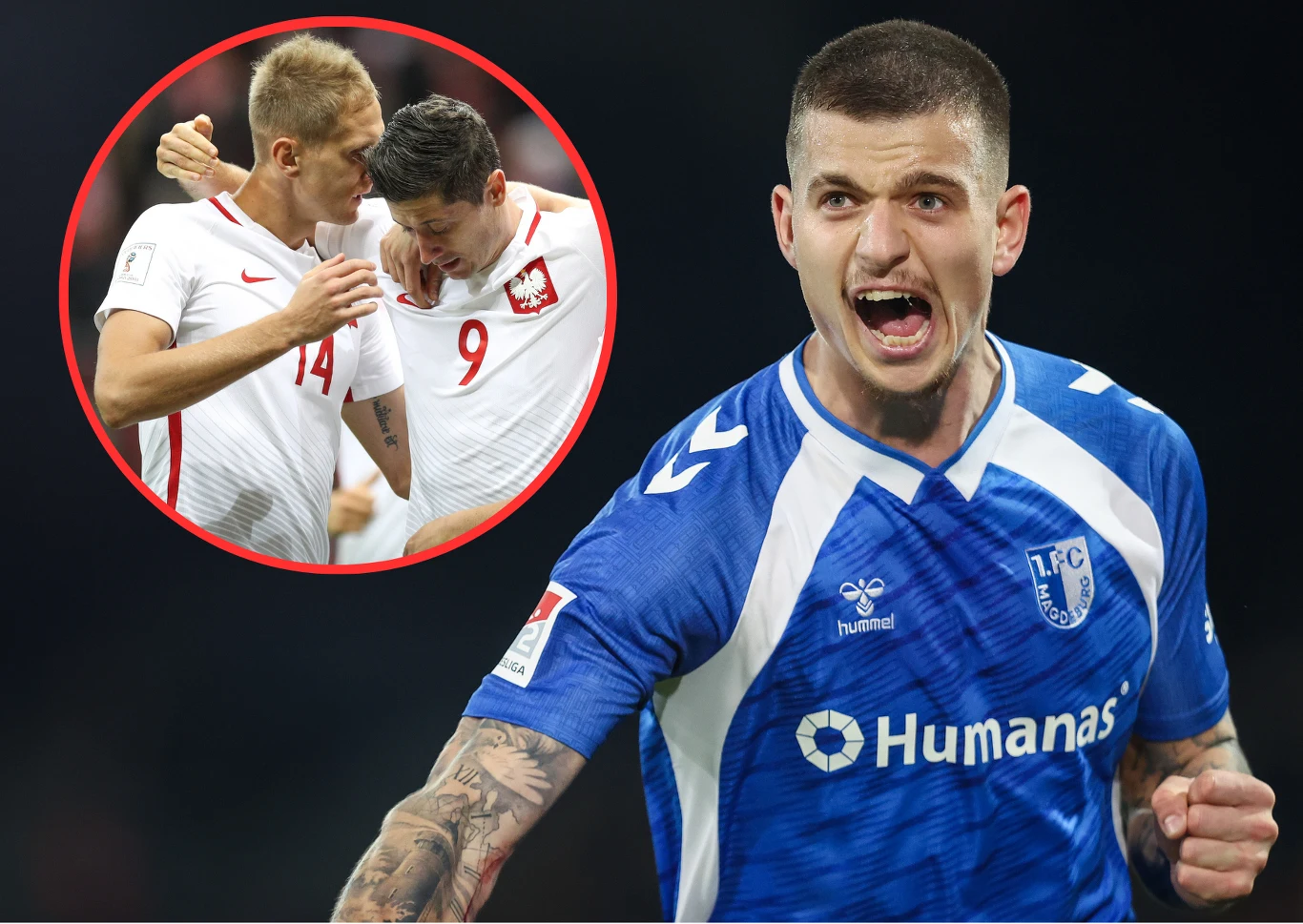 Mateusz Żukowski, Łukasz Teodorczyk i Robert Lewandowski Mateusz Żukowski w niebieskiej koszulce świętuje, w tle zdjęcia Teodorczyka i Lewandowskiego w barwach Polski