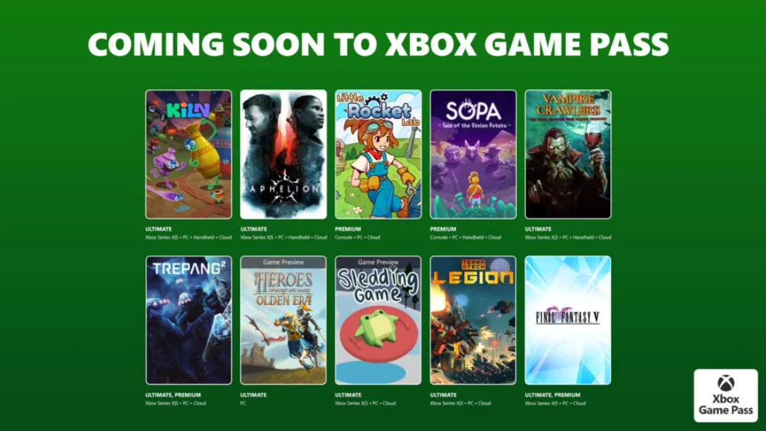 Zapowiedź dziesięciu nowych gier, które wkrótce pojawią się w usłudze Xbox Game Pass, każda gra wyróżniona własną okładką na tle zielonego bannera z tytułem „COMING SOON TO XBOX GAME PASS”.