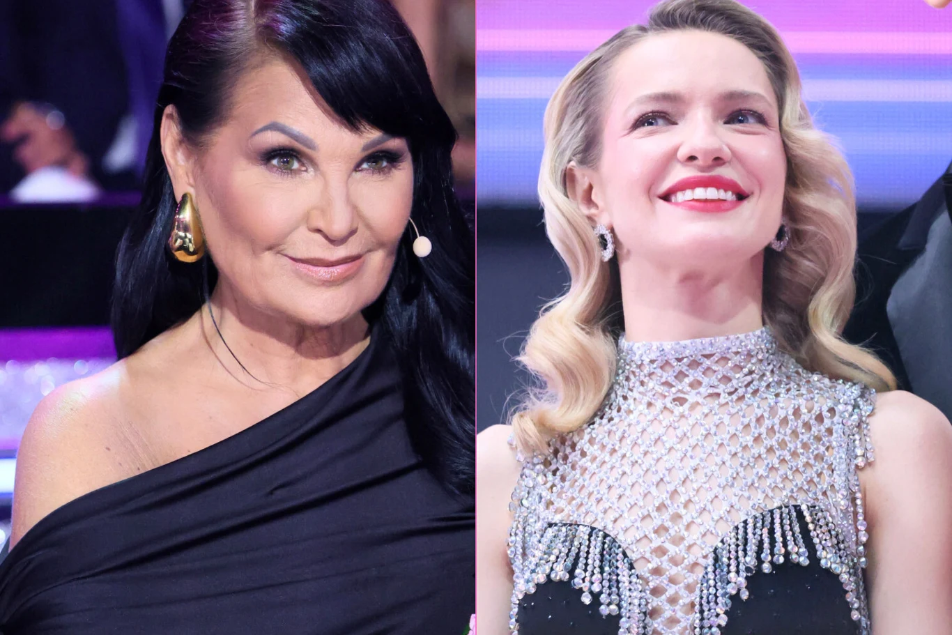 Iwona Pavlović, Paulina Gałązka Iwona Pavlović i Paulina Gałązka na scenie, w eleganckich sukniach, na tle dekoracji programu.