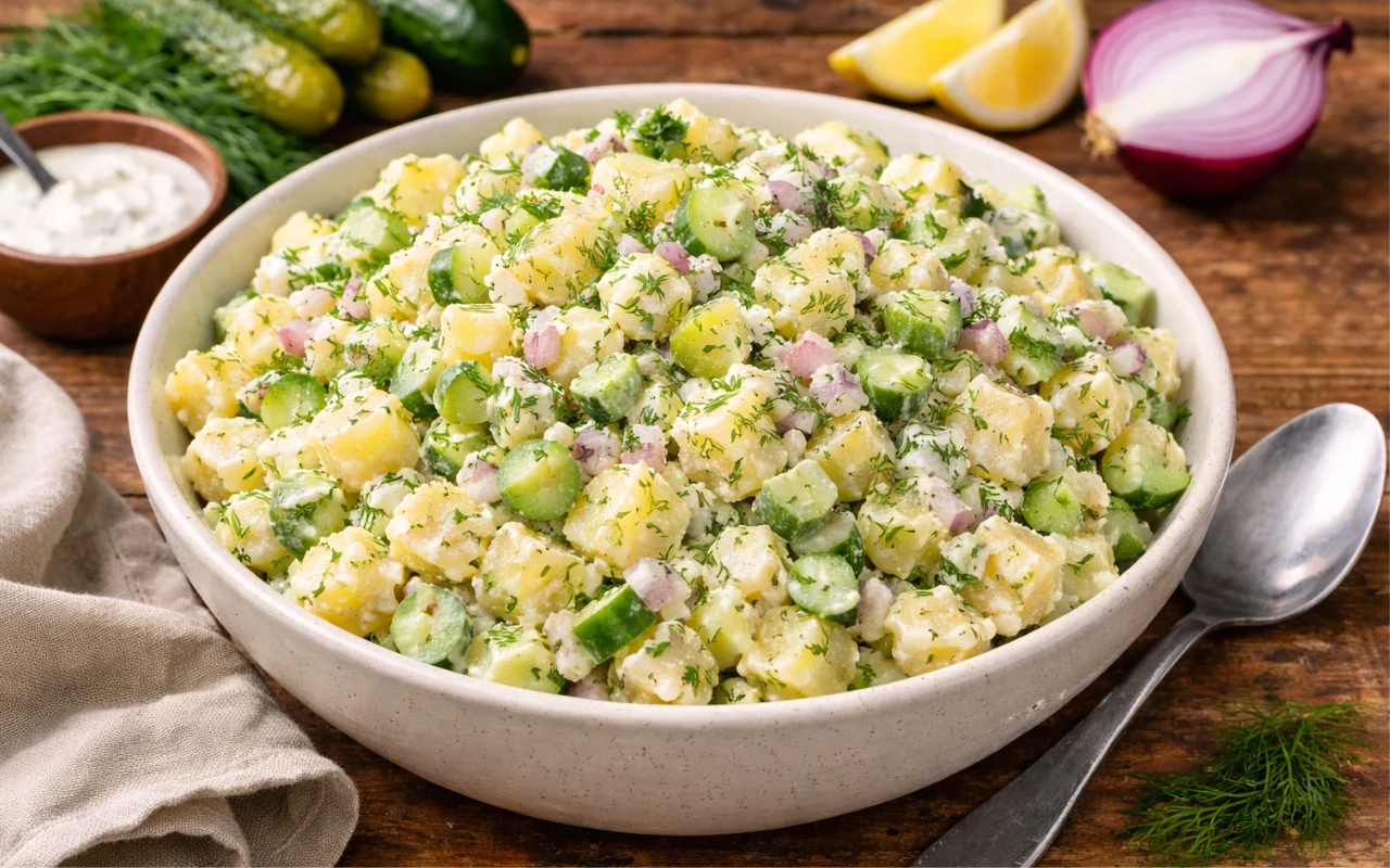 sałatka z pokrojonych w kostkę ziemniaków, ogórków, czerwonej cebuli i koperku, podana w dużej misce, z widocznym sosem jogurtowym i koperkiem jako dekoracją
