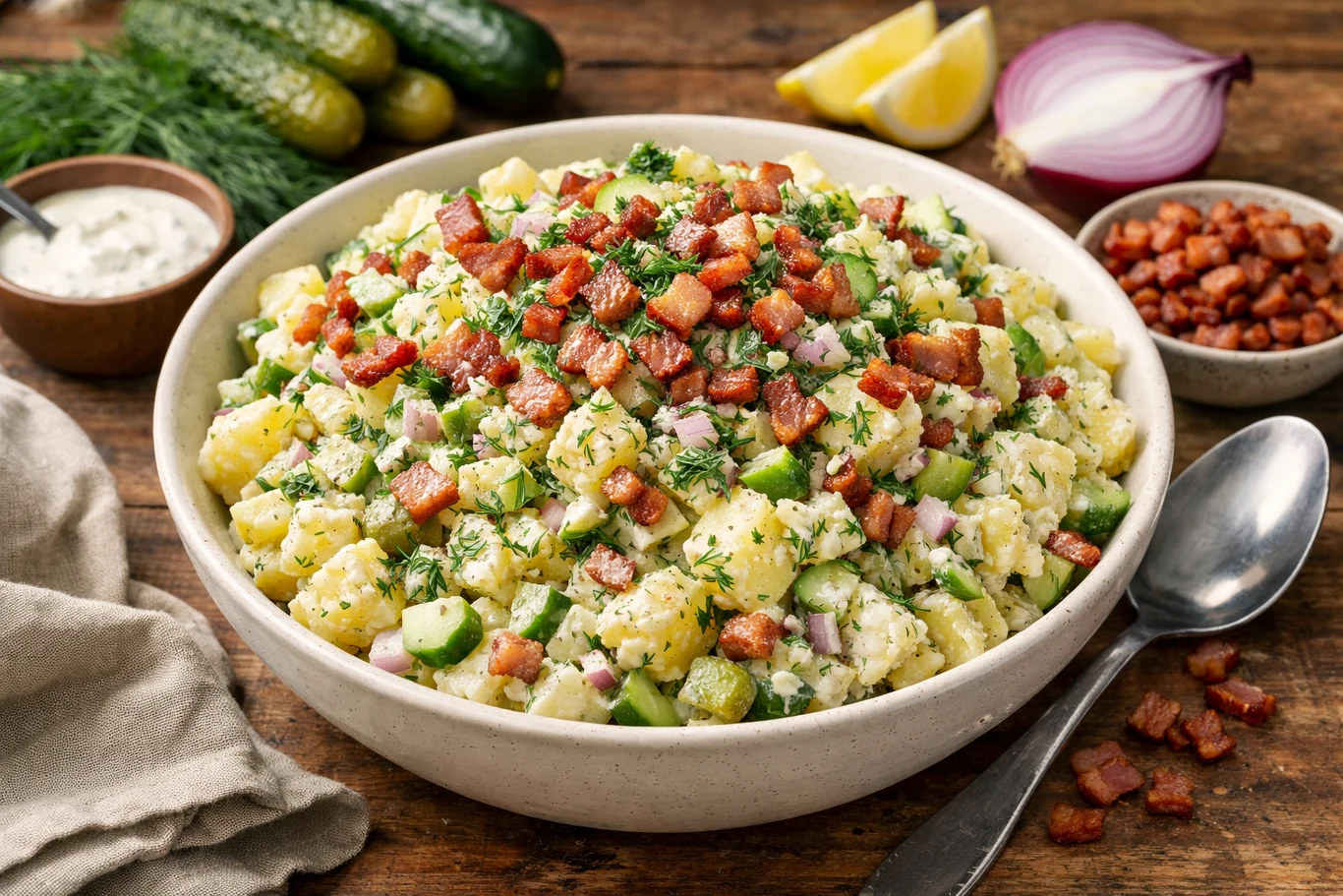 sałatka ziemniaczana z ogórkiem, koperkiem, cebulą i dużą ilością chrupiącego boczku na wierzchu, podana w dużej misce; wokół widoczne dodatki takie jak świeże ogórki, koperek, czerwona cebula, cytryna, śmietana oraz miseczka z podsmażonym boczkiem