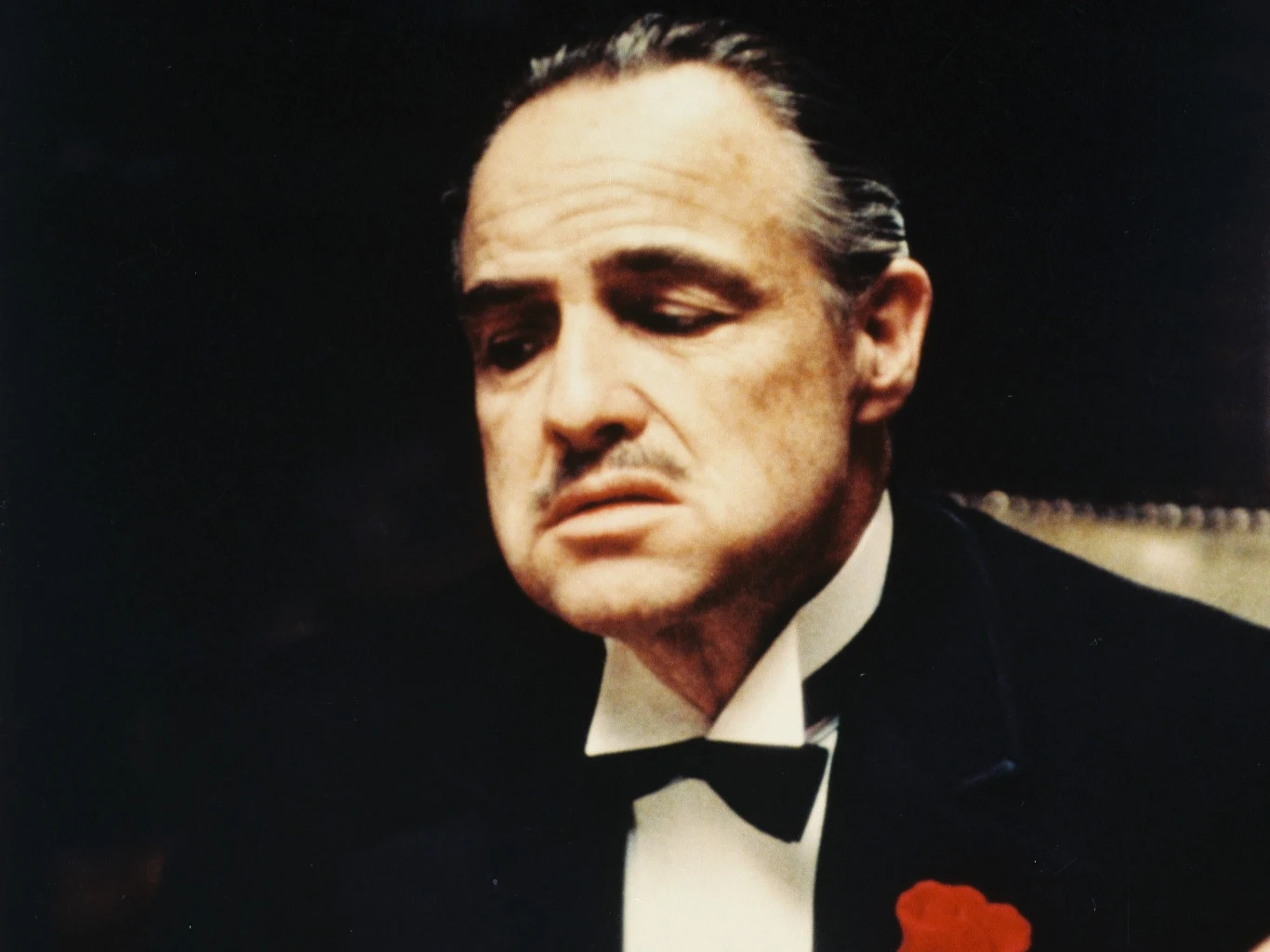 Marlon Brando Mężczyzna o poważnym wyrazie twarzy ubrany w czarny smoking z białą koszulą i muchą na tle ciemnego tła.