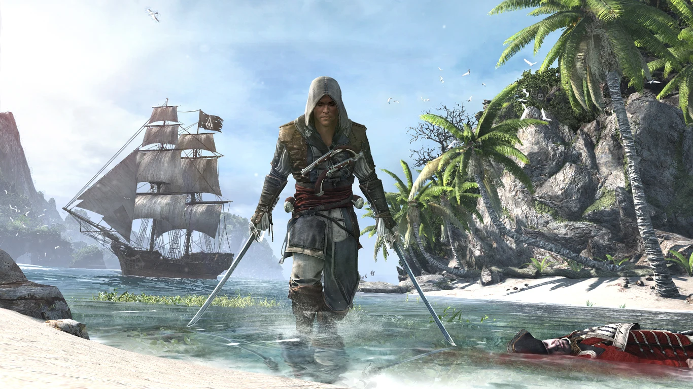 Assassin's Creed Black Flag Resynced Assassin's Creed Black Flag Resynced. Postać z dwoma mieczami wychodzi z wody na plażę, w tle żaglowiec, palmy i ciało na piasku.