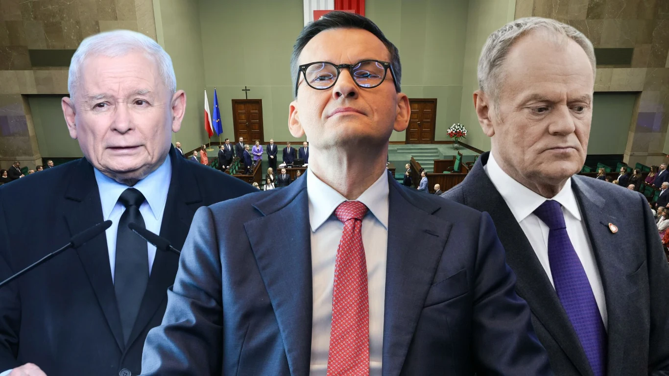 Sondaż: Rozwój Plus Matusza Morawieckiego może zmienić układ sił w Sejmie Jarosław Kaczyński, Mateusz Morawiecki i Donald Tusk na tle sali posiedzeń polskiego Sejmu