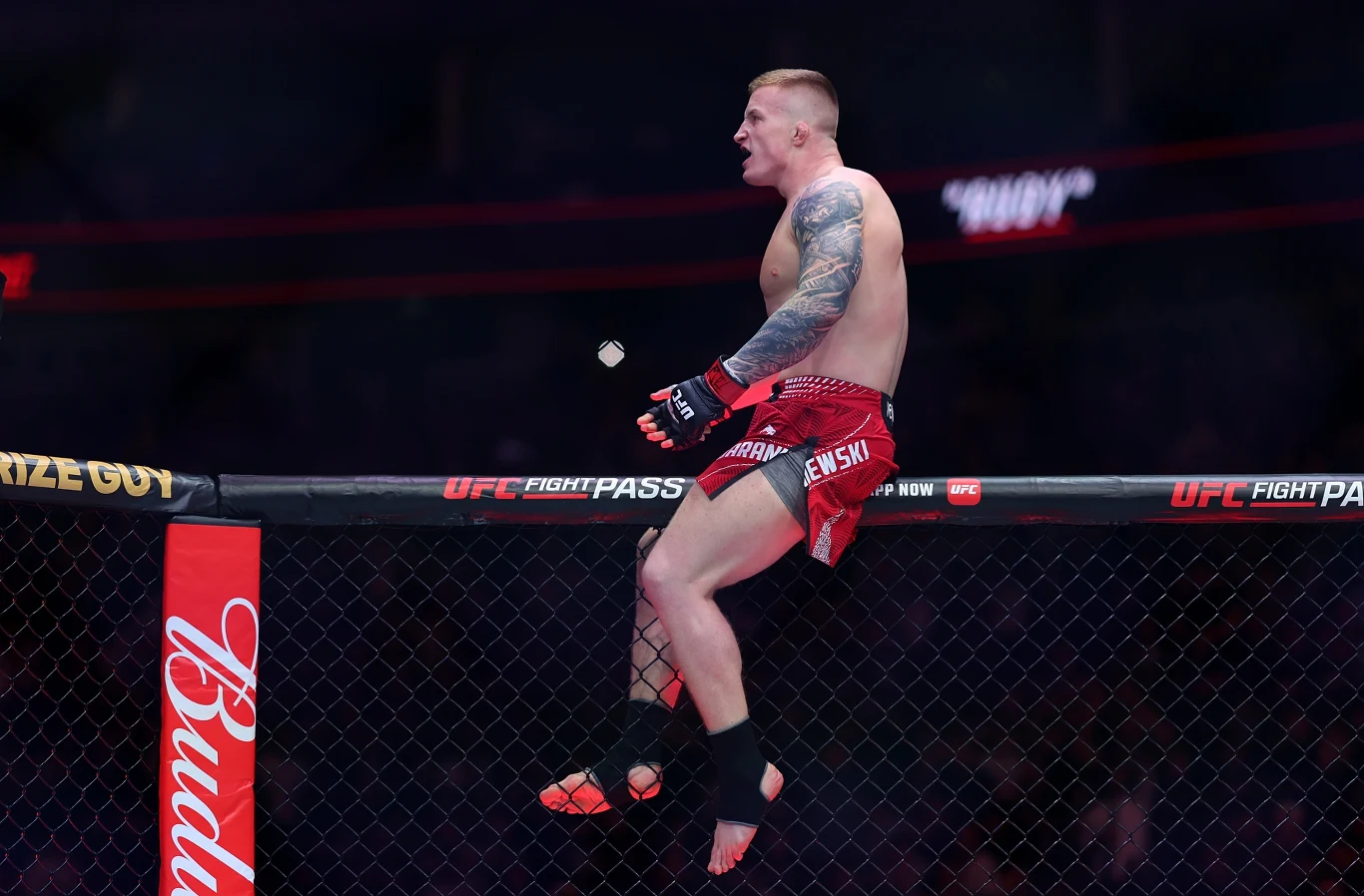 Zawodnik MMA w czerwonych spodenkach i z tatuażami na rękach siedzi na szczycie klatki oktagonu UFC, wyraża radość po walce, z tłem rozmazanym i nastrojowym oświetleniem areny.
