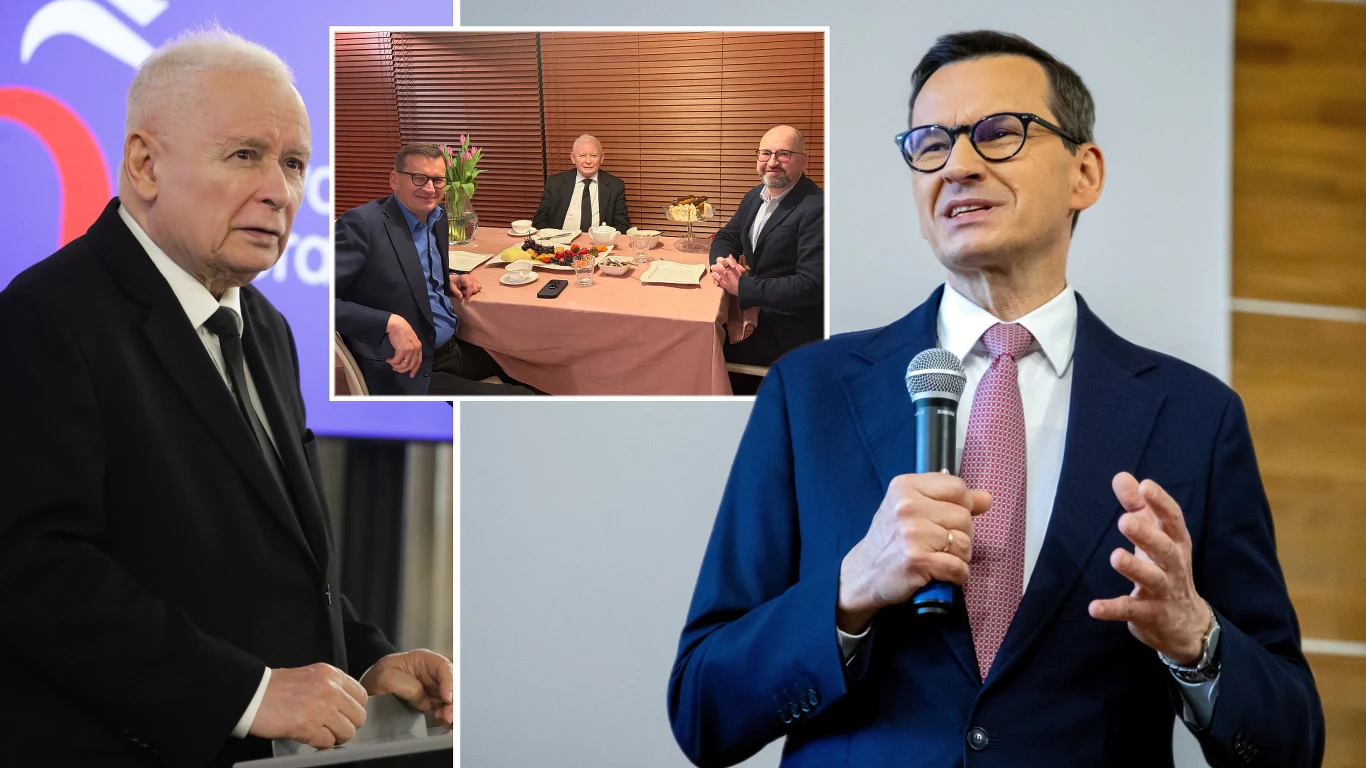 Mateusz Morawiecki spotkał się z Jarosławem Kaczyńskim. Adam Bielan pokazał zdjęcie Mateusz Morawiecki przemawia do mikrofonu, obok Jarosław Kaczyński; w rogu zdjęcie z politycznego spotkania przy stole.