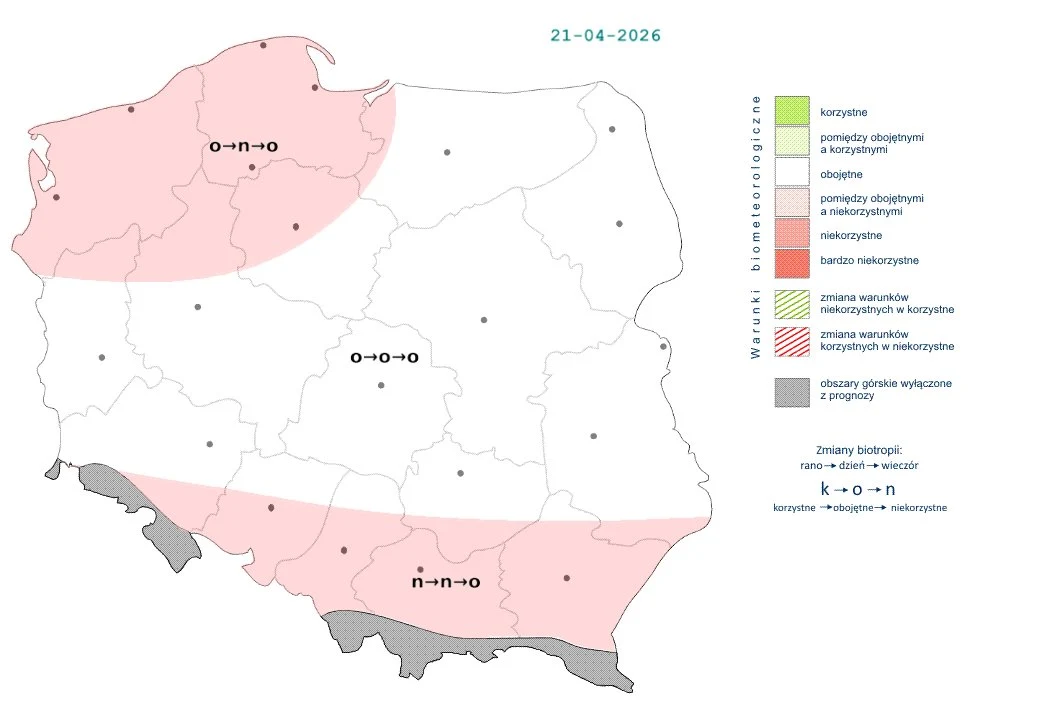 Polska mapa biometeorologiczna z podziałem na regiony o różnym stopniu korzystności warunków biometeorologicznych oznaczonymi kolorami: północno-zachodnia oraz południowo-zachodnia część kraju w strefie niekorzystnej (odcienie różu), środkowa część kra...