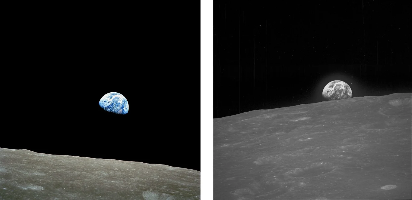 "Earthrise", kolorowe zdjęcie z 24 grudnia 1968 r. autorstwa Williama Andersa oraz pierwsze zdjęcie Ziemi z Księżyca autorstwa człowieka, wykonane chwilę wcześniej przez Franka Bormana Widok Ziemi unoszącej się nad horyzontem Księżyca, po lewej stronie kolorowa wersja z niebieską i białą planetą na czarnym tle kosmosu, po prawej stronie czarno-biały odpowiednik tej samej sceny, na pierwszym planie wyraźnie widoczne szare, kamieniste ...