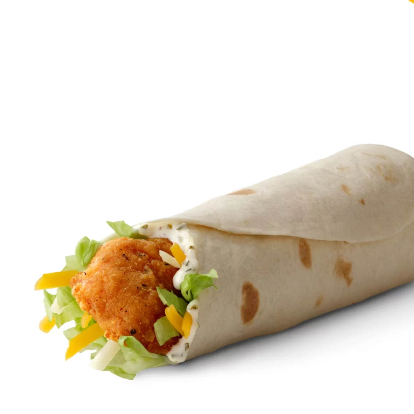 Tortilla pszenna wypełniona panierowanym kawałkiem kurczaka, świeżą sałatą, żółtym serem oraz sosem majonezowym.