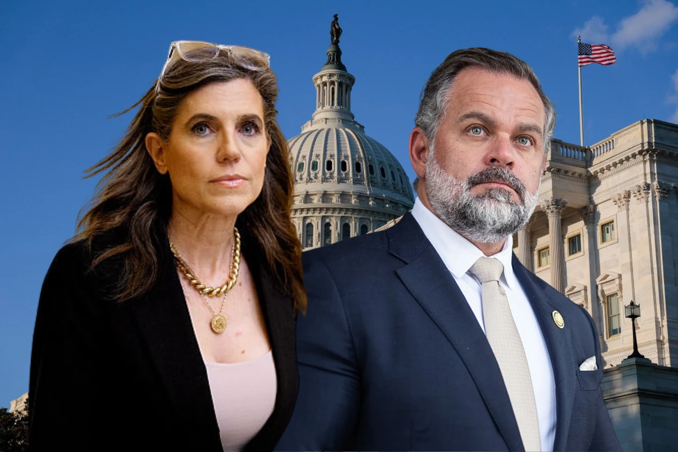 Republikanka Nancy Mace chce usunięcia partyjnego kolegi Cory'ego Millsa z Kongresu w związku z poważnymi zarzutami Nancy Mace i Cory Mills, w tle Kapitol USA, obok widoczna flaga amerykańska.