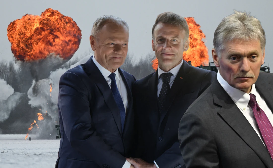 Kreml reaguje na doniesienia o zacieśnieniu współpracy Polski i Francji w ramach programu nuklearnego Premier Donald Tusk i prezydent Francji Emmanuel Macron oraz rzecznik Kremla Dmitrij Pieskow na tle sprzętu wojskowego
