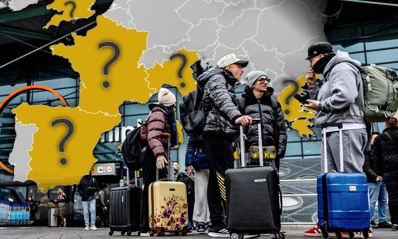Cieśnina Ormuz a paliwo lotnicze. Ekspert wskazuje kraje, które mogą mieć problem Pasażerowie na lotnisku, w tle mapa Europy