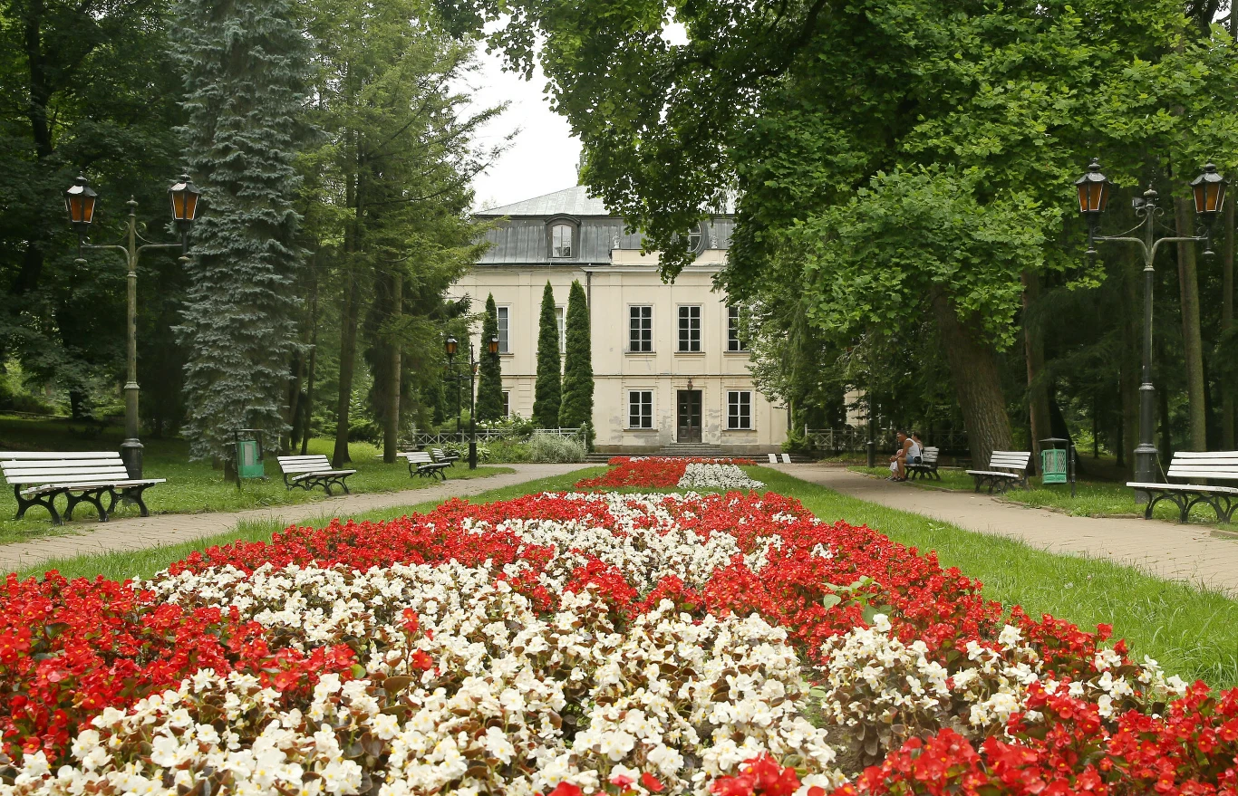 Długi, prosty dywan kwiatowy z czerwonych i białych kwiatów prowadzi przez zielony park w stronę klasycznego, jasnego pałacu otoczonego wysokimi drzewami i ustawionymi symetrycznie ławkami po bokach alejki.