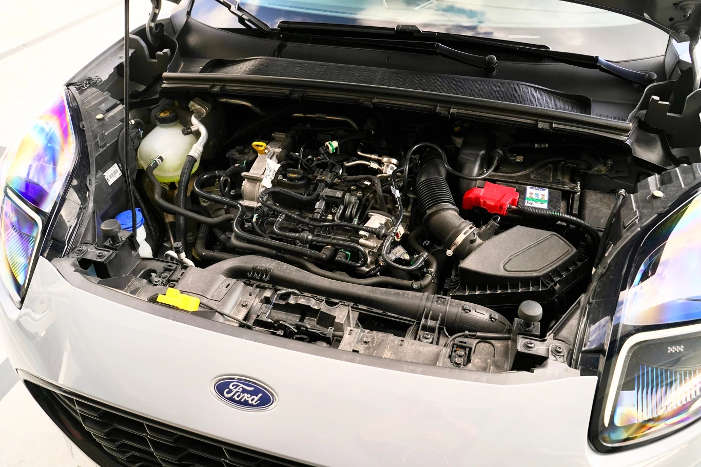 silnik i podzespoły mechaniczne samochodu Ford, widoczne szczegóły takie jak akumulator, przewody, pojemnik na płyn chłodniczy oraz atrapę chłodnicy