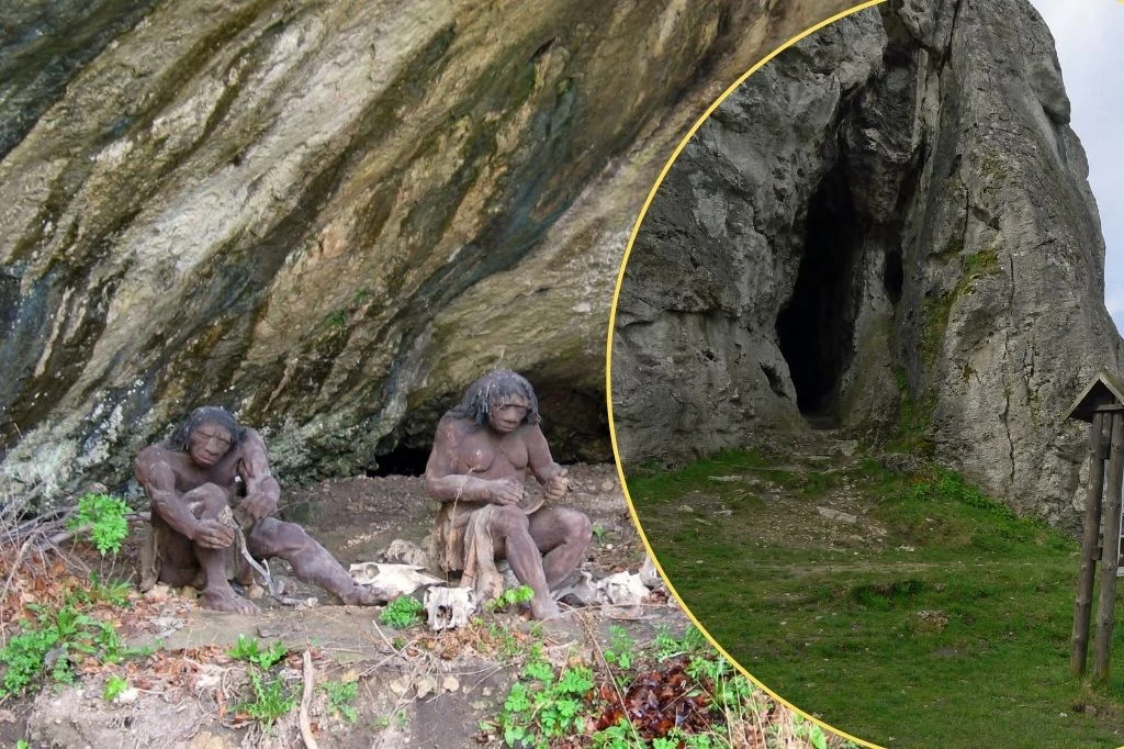 W Jaskini Stajnia znaleziono szczątki Neandertalczyków Realistyczne figury neandertalczyków. Wejście do Jaskini Stajnia.