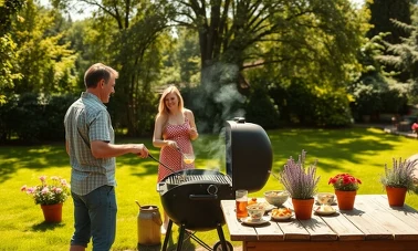 Ogród na majówkę z grillem, krzesłami i lampkami solarnymi