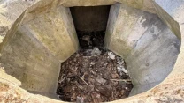 betonowy otwór z sześciokątnymi ścianami, na dnie widoczne porozrzucane gałęzie, liście oraz śmieci, w głębi wejście prowadzące do ciemnego wnętrza