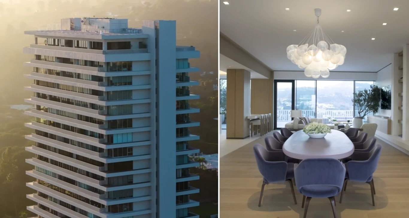 Sierra Towers / Carolwood Estates Sierra Towers – nowoczesny wieżowiec z szerokimi balkonami oraz jasna jadalnia z owalnym stołem i fioletowymi krzesłami.