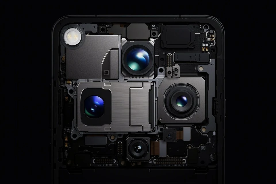Aparat fotograficzny Oppo Find X9 Ultra to złożony system kamer. Makro zbliżenie na wnętrze tylnego modułu aparatu smartfona z widocznymi obiektywami, soczewkami oraz częściami elektronicznymi ułożonymi w precyzyjny, geometryczny układ.