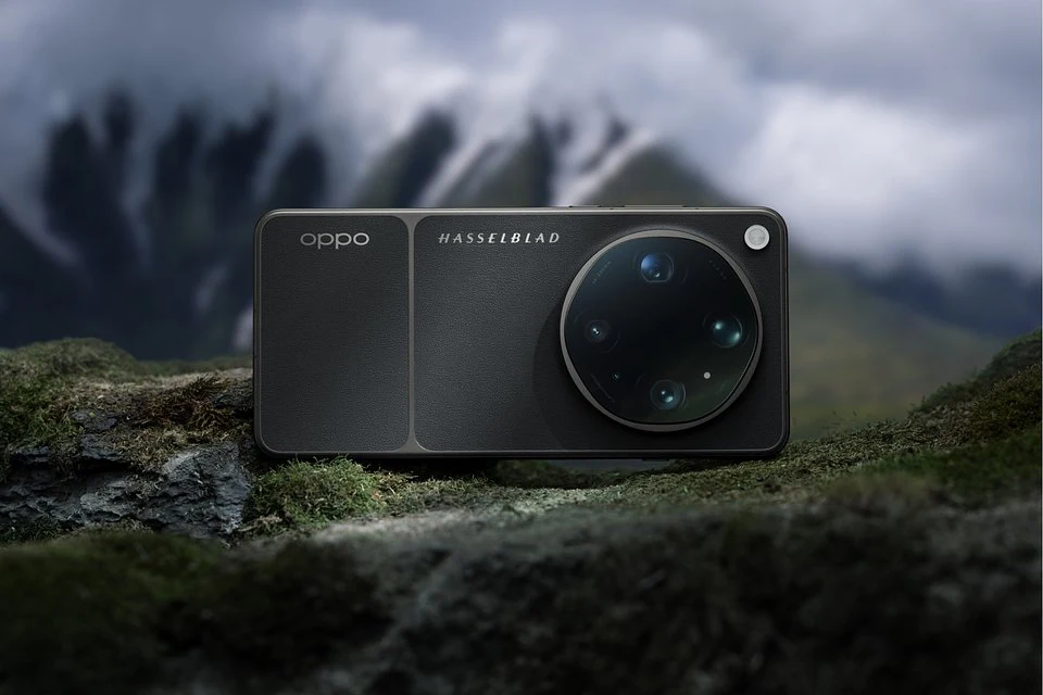 Smartfon Oppo Find X9 Ultra. Czarny smartfon marki Oppo z dużym, okrągłym modułem aparatu fotograficznego sygnowanym logo Hasselblad, umieszczony na tle zielonego mchu i rozmytych, górskich szczytów w oddali.