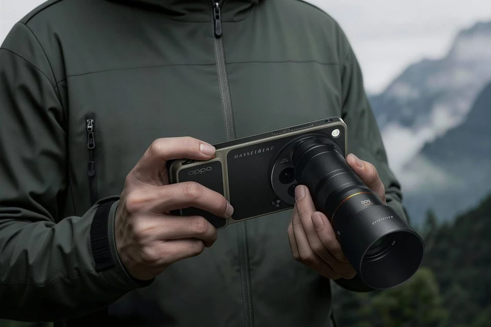 Zestaw Hasselblad Earth Explorer Kit dla Oppo Find X9 Ultra. osoba w kurtce trzymająca urządzenie Oppo z zamocowanym dużym obiektywem fotograficznym na tle górskiej scenerii