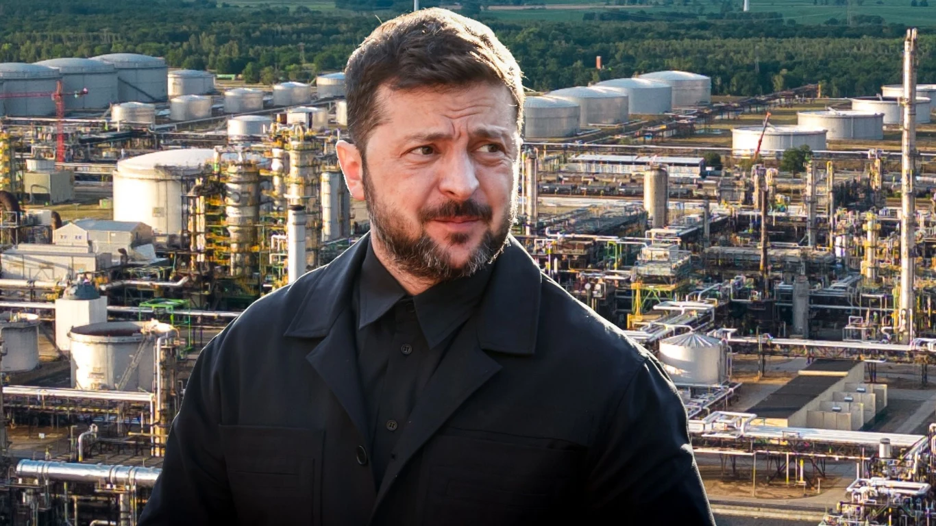 Zełenski ogłasza koniec naprawy rurociągu Przyjaźń Wołodymyr Zełenski na tle rurociągu Przyjaźń