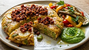Tortilla de patatas z bobem, chorizo, zielonym majonezem i sałatką z pieczonych warzyw
