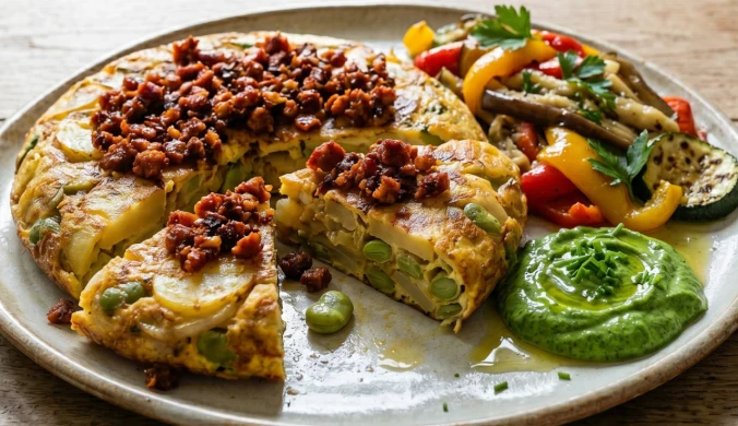 Tortilla de patatas z bobem, chorizo, zielonym majonezem i sałatką z pieczonych warzyw