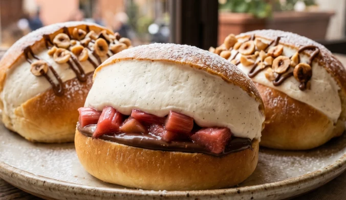 Maritozzi z duszonym rabarbarem i sosem gianduja