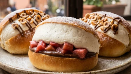 Maritozzi z duszonym rabarbarem i sosem gianduja