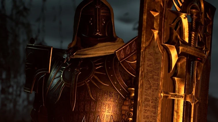 Diablo 4 Diablo 4, rycerz w złotej zbroi z tarczą i hełmem, światło, mroczne, zamglone otoczenie