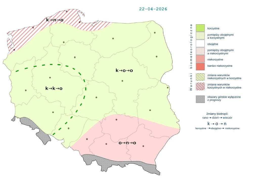 W większości Polski w środę doświadczymy korzystnych warunków - wynika z prognoz IMGW Mapa Polski z podziałem na strefy według terminów agrotechnicznych; północna część kraju oznaczona kolorem jasnozielonym jako korzystna dla sadzenia roślin, południowa część zabarwiona na różowo sygnalizuje bardzo niekorzystne warunki, dodatkowo widocz...
