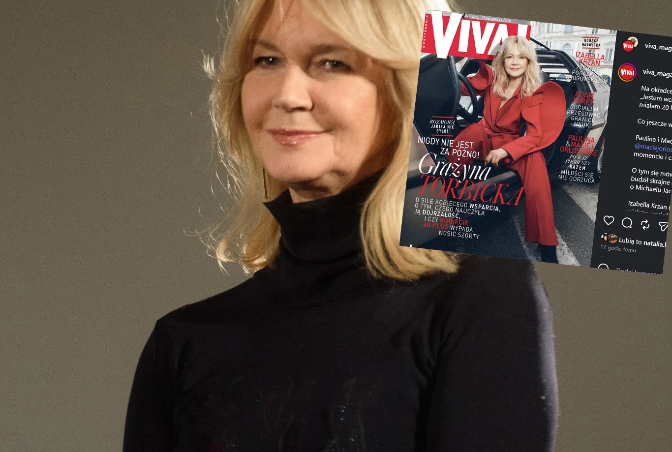 Kobieta o blond włosach w czarnym golfie patrzy z lekkim uśmiechem na wprost, w prawym górnym rogu widoczna jest okładka czasopisma z tą samą osobą ubraną w czerwoną stylizację na tle samochodu.