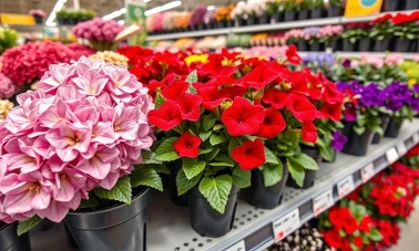 Wiosenne kwiaty w doniczkach z gazetki Kaufland Ogród 2026 — hortensje, pelargonie i petunie