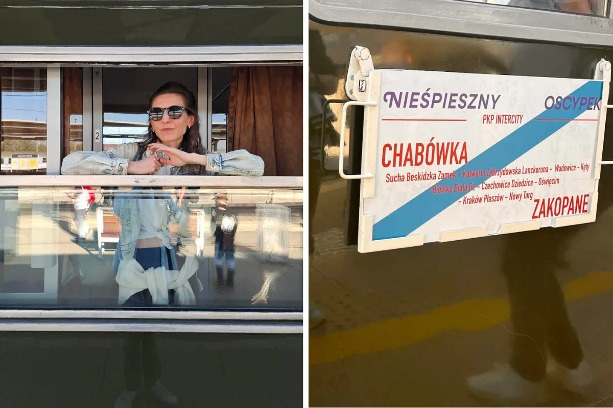 Wybrałam trasę z Chabówki do Zakopanego kobieta w okularach przeciwsłonecznych oparta o otwarte okno wagonu pociągu, obok tablica z informacją o trasie pociągu jadącego z Chabówki do Zakopanego przez m.in. Suchą Beskidzką, Nowy Targ i Nowy Sącz