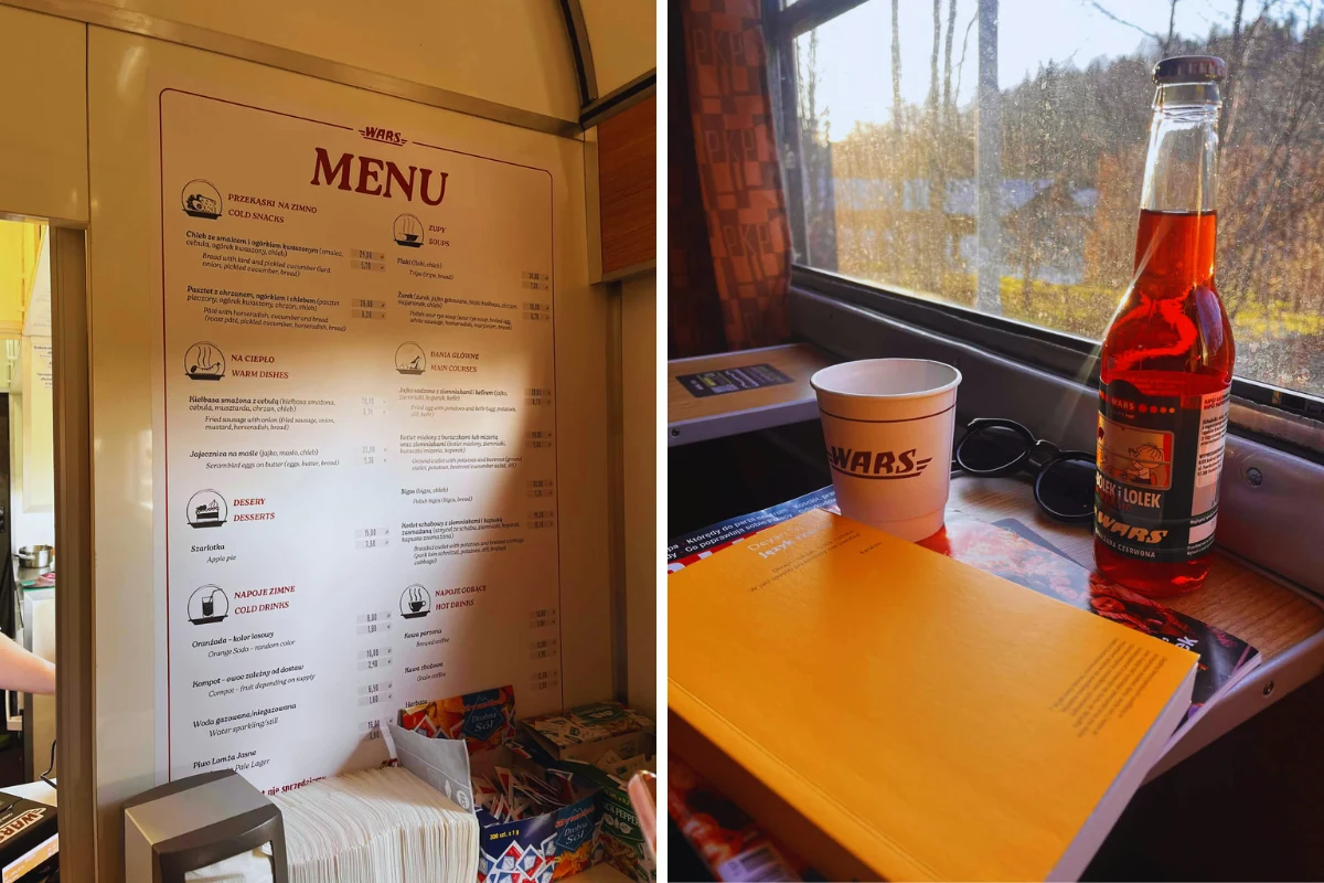 Menu w Warsie też nawiązuje do przeszłości menu wagonu restauracyjnego po lewej stronie oraz stolik w wagonie z książką, kubkiem z logo Wars i butelką napoju po prawej stronie