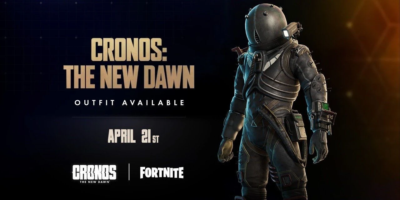 Cronos: The New Dawn x Fortnite Podróżniczka Cronos: The New Dawn w futurystycznym kombinezonie na tle grafiki promocji stroju w Fortnite.