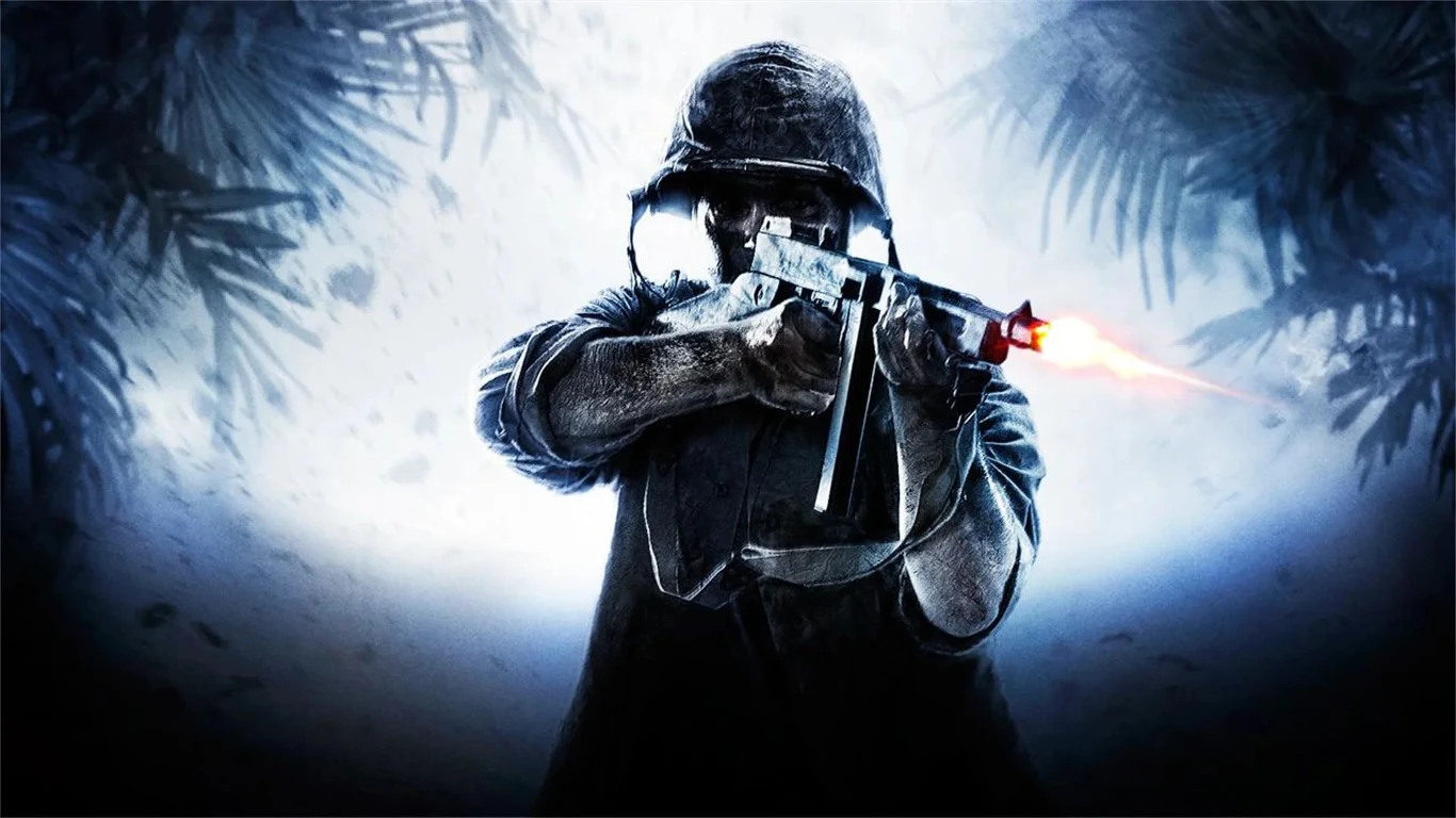 Call of Duty: World at War Żołnierz z Call of Duty: World at War celuje i strzela z karabinu maszynowego w otoczeniu liści palm.