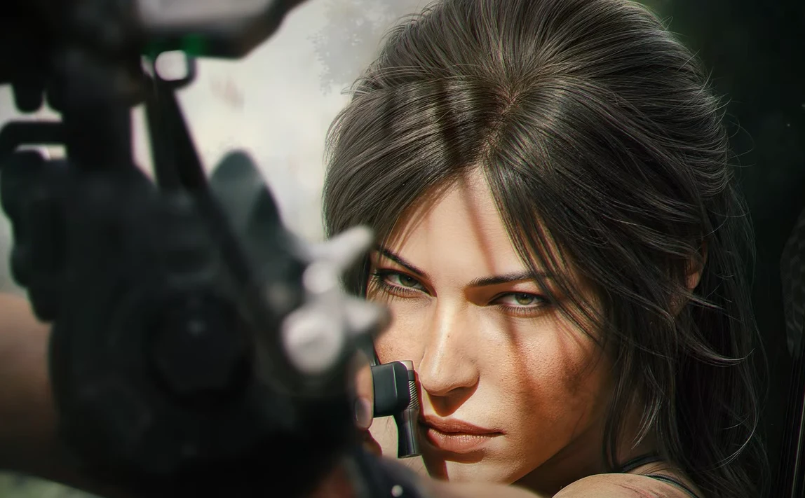 Lara Croft x Delta Force Lara Croft w stylizacji Delta Force celuje z lunety, widoczne ślady zabrudzenia na twarzy.
