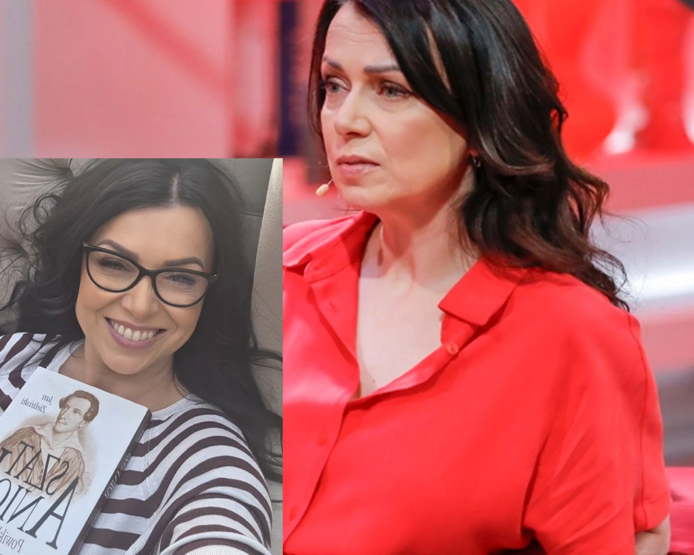 Dwie kobiety, jedna uśmiechnięta w okularach i w pasiastym swetrze trzymająca książkę, druga poważna w intensywnie czerwonej koszuli na tle rozmytego czerwonego wnętrza.