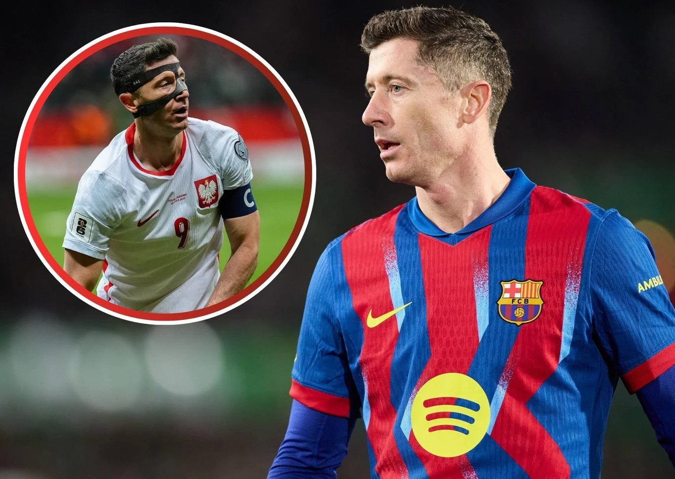 Robert Lewandowski Robert Lewandowski w koszulce FC Barcelony, w tle zdjęcie w stroju reprezentacji Polski z opaską i maską.