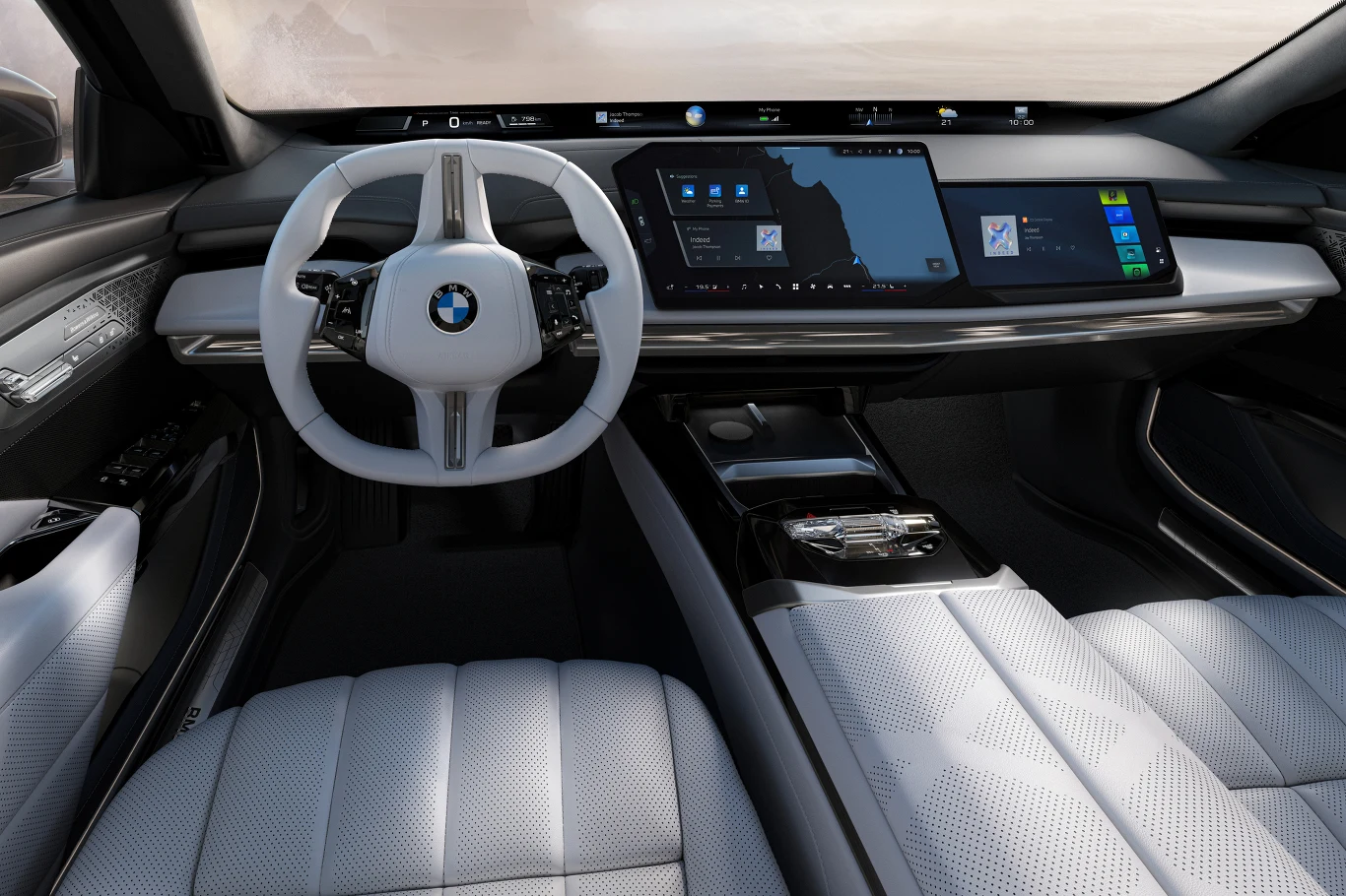 BMW serii 7 ma deskę rozdzielczą typową dla modeli Neue Klasse Luksusowe, nowoczesne wnętrze samochodu BMW z białą kierownicą, cyfrowym panelem instrumentów oraz dużym, panoramicznym ekranem multimedialnym na konsoli centralnej, otoczone eleganckimi, jasnymi fotelami i minimalistycznymi wykończeniami.
